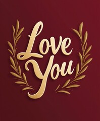 Obraz premium Golden 'Love You' typography with laurel leaves on a deep red background