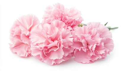 Fototapeta premium A close-up of a cluster of pink carnation flowers with their ruffled petals, isolated white background, minimalistic art style