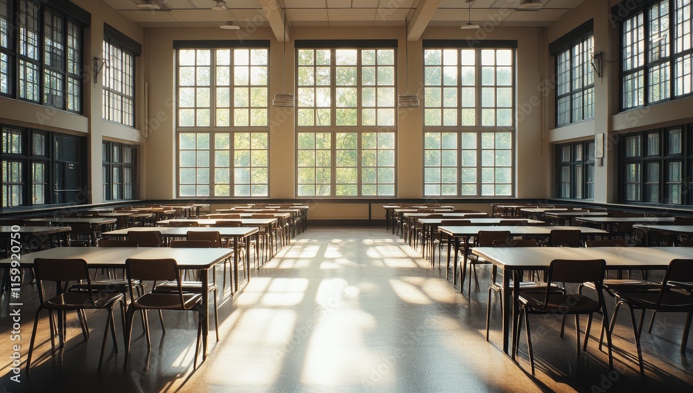 Aufkleber Sunlit classroom with rows of empty desks and large windows.