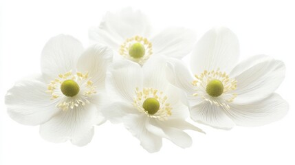 Fototapeta premium A close-up of a cluster of white anemone flowers with their delicate petals, isolated white background, minimalistic art style