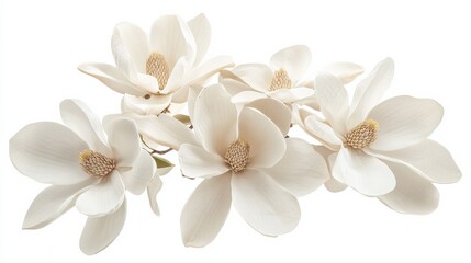 A close-up of a cluster of white magnolia flowers with their large, waxy petals, isolated white background