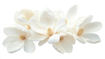 A close-up of a cluster of white magnolia flowers with their large, waxy petals, isolated white background