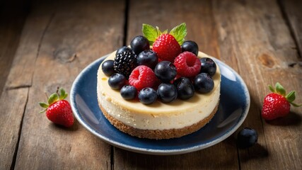 A delicious cheesecake topped with fresh berries on a rustic wooden table.