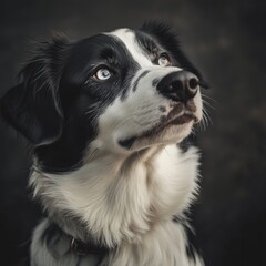 Thoughtful border collie with black and white fur in studio portrait