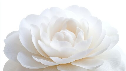 A close-up of a delicate white camellia with its layered, smooth petals and subtle color, isolated white background