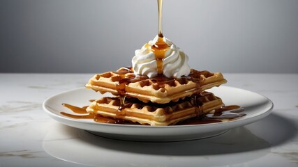 A stack of waffles topped with whipped cream and syrup on a plate.