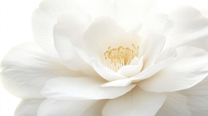 A close-up of a delicate white camellia with its perfectly layered petals and soft sheen, isolated white background, minimalistic art style