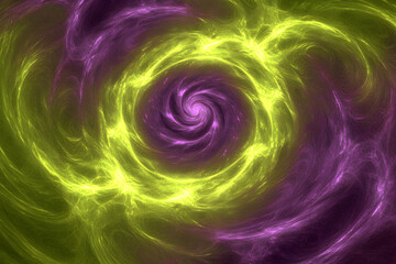 Naklejka premium Abstract swirling vortex of vibrant purple and lime green energy, cosmic nebula, fractal art.