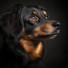 Portrait of an attentive black and tan dog with bright eyes