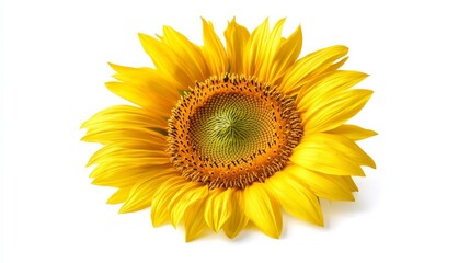 Fototapeta premium A close-up of a golden-yellow sunflower with its large, textured petals and central disc, isolated white background
