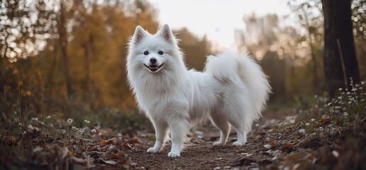 Fluffy white dog standing in autumn forest.