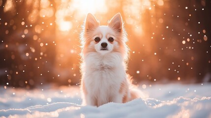 Obraz premium Fluffy dog sits in snowy golden light.