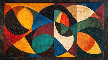 Fototapeta premium Abstract geometric artwork with vibrant colors and curved shapes.