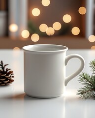 Cozy white ceramic mug on a festive holiday table with pinecones, evergreen sprigs, and warm bokeh lights in the background, creating a serene and inviting atmosphere perfect for Christmas or winter g