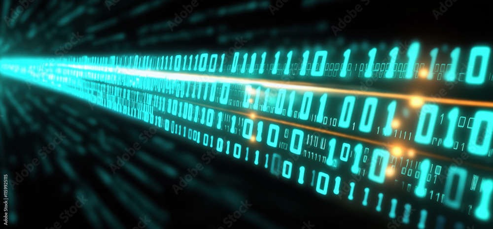 Poster a vibrant digital representation of binary code, symbolizing data transmission, technology, and the 