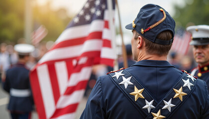 Obraz premium Man in uniform holding American flag at parade