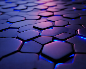 Obraz premium Abstract hexagonal pattern with vibrant purple and blue neon glow. Ideal for tech, futuristic, and gaming designs.