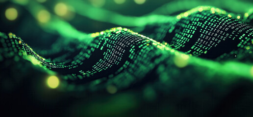 A digital landscape of flowing green binary code, resembling waves, symbolizes technology and data in a vibrant, abstract manner.