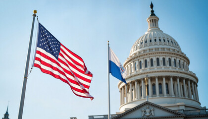 American flag waving in front of the Capitol Building