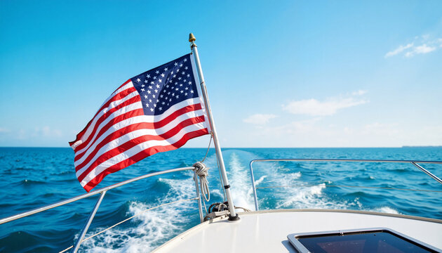 American flag waving on boat in ocean under blue sky