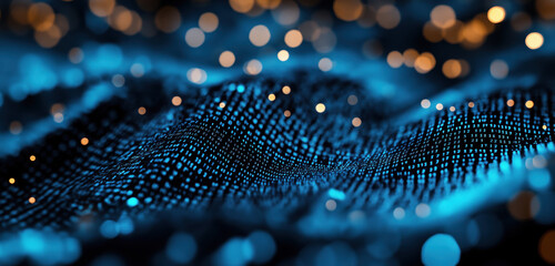 A vibrant blue wave of light particles creates a mesmerizing digital landscape, evoking a sense of depth and motion in a high-tech environment.