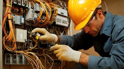 Technician performing routine maintenance on electrical installations, calm professional setting,