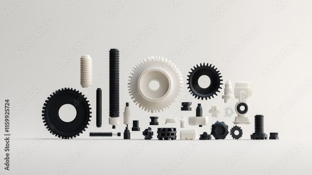 Poster Various Mechanical Parts and Components in White and Black Color on a Light Background for Engineering and Manufacturing Design Projects