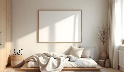Empty horizontal picture frame on cream wall in modern child room. Mock up interior in scandinavian style. Free, copy space for your picture, poster. Bed, toys. Cozy room for kids