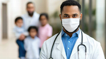 A healthcare professional in a mask stands confidently in a clinic, emphasizing dedication to patient care and safety amidst a family backdrop.