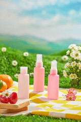 Front of an unlabeled pink set product in the center of a yellow mat, encircled by a basket, fresh oranges, tomatoes, and breads. It shows a grass with a picnic idea, perfect for a cosmetic product ad