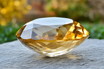 Sparkling Citrine gemstone, faceted,  golden yellow,  rests on a grey stone, blurred green background.