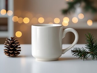 Cozy white ceramic mug on a festive holiday table with pinecones, evergreen sprigs, and warm bokeh lights in the background, creating a serene and inviting atmosphere perfect for Christmas or winter g