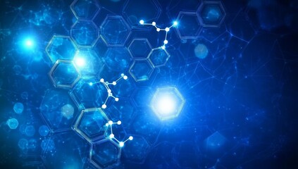 Abstract blue hexagon technology background with glowing lights and molecule structures.