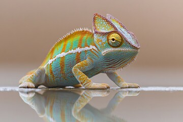 Obraz premium Colorful chameleon walks reflecting water surface.