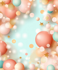 Whimsical pastel balloons and gold stars create a festive atmosphere. Perfect for party invites, celebration, or event decorations.