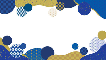 和柄パターンのサークルとウェーブの和風バナー背景/紺 © 中居さちこ