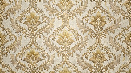 intricate woven damask pattern on a neutral background featuring a subtle floral design with golden accents, decorative art, interior design