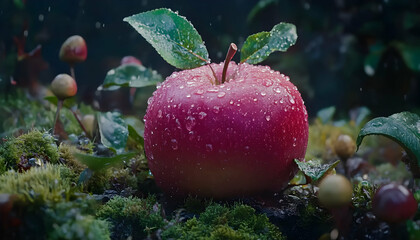 A single, dew-kissed red apple rests on mossy ground amidst a lush, rain-soaked garden, creating a serene and captivating image.
