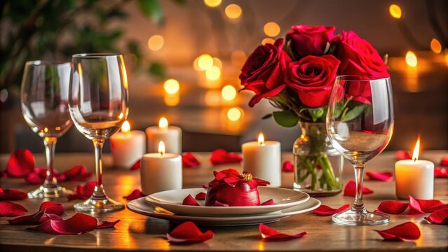 Cozy candlelit dinner table with rose petals and a vase of red flowers , dinner invitation, ,  dinner invitation