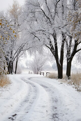 Fototapeta premium Winter Wonderland Snow Covered Pathway Through Bare Tree Lined Forest : Generative AI