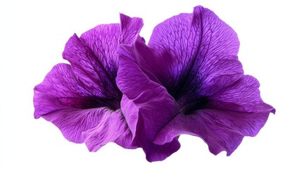 A close-up of a vivid purple petunia with its ruffled edges and rich color, isolated white background, minimalistic art style