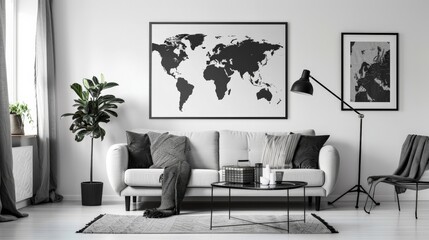 Minimalist world map in a stylish Scandinavian home decor setting