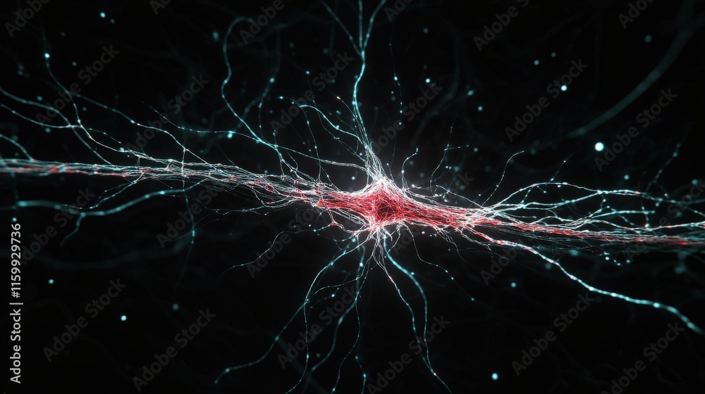 Poster Stunning Close-Up of a Neuron with Glowing Synapses, Illustrating the Complex Connections Within the Nervous System in Vibrant Colors