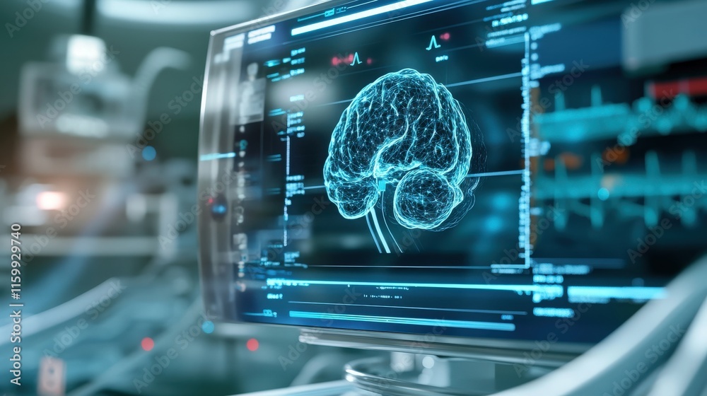 Poster Futuristic Display of a Human Brain on a High-Tech Monitor in a Medical Lab for Neurological Research and Analysis in a Modern Healthcare Environment