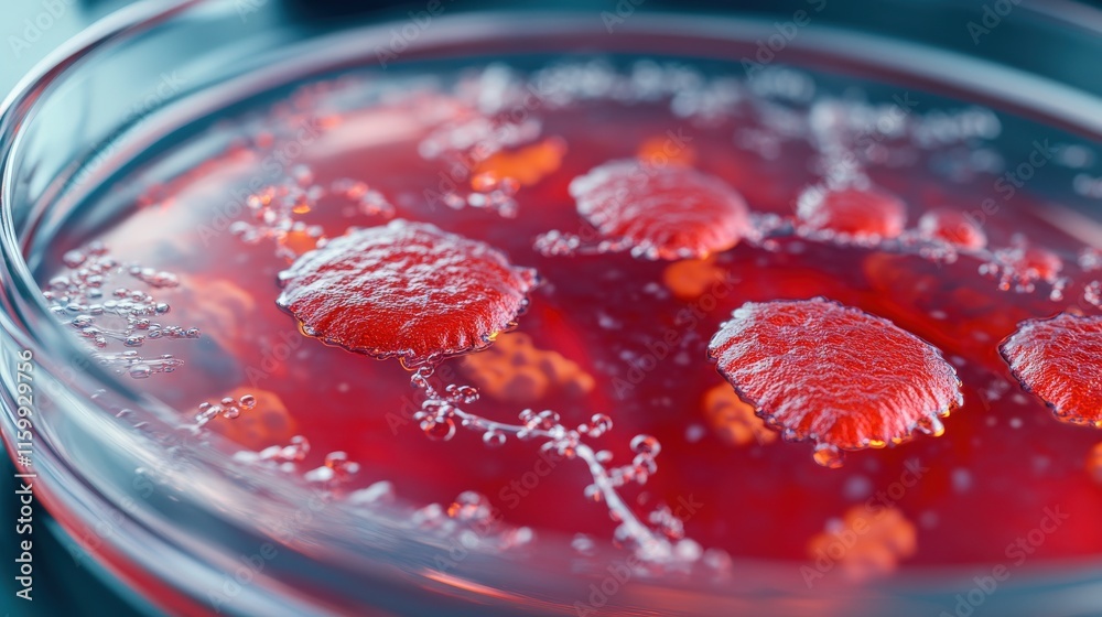 Poster close-up of petri dish containing vibrant red agar medium with growing bacteria colonies surrounded 