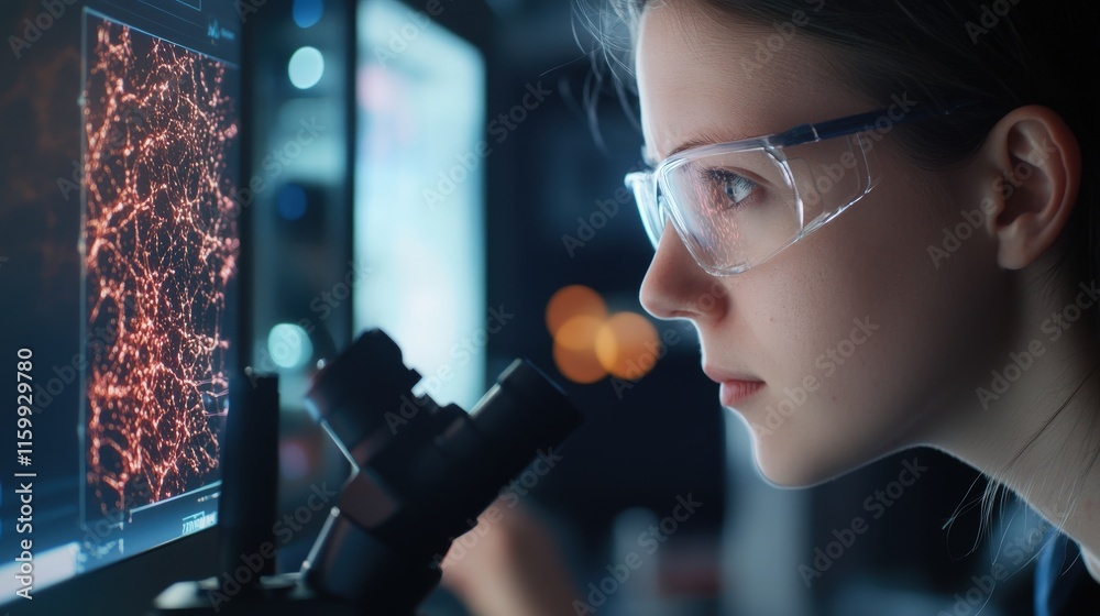 Aufkleber focused female scientist analyzing data through microscope with computer displaying complex graphics
