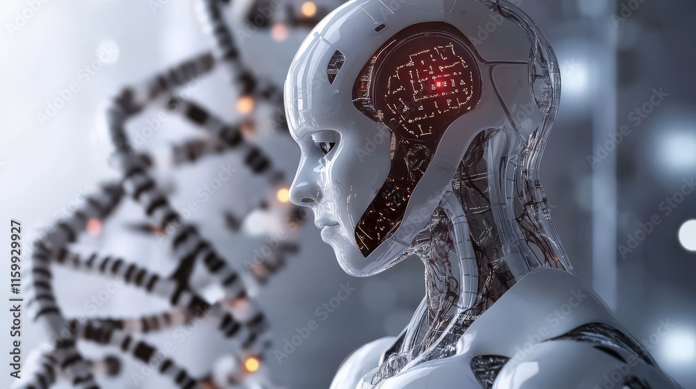 Poster futuristic humanoid robot with a transparent head showcasing intricate circuits near a dna helix, sy