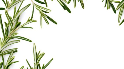 Fototapeta premium A close-up of fresh green rosemary leaves with their aromatic fragrance, isolated white background, minimalistic art style
