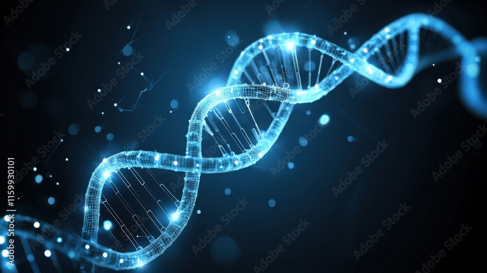 Aufkleber Abstract Representation of DNA Helix Structure with Blue Light Effects and Sparkling Particles on Dark Background for Science and Technology Illustrations