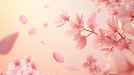 A cluster of delicate cherry blossoms in shades of soft pink, with slender petals fluttering like confetti, against a pale peach background reminiscent of a spring sunrise